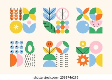 Geometric leaf pattern. Abstract nature floral background with simple shapes, modern bauhaus decorative plant elements. Vector graphic banner set