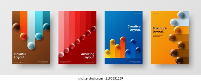 Geometric leaflet vector design illustration set. Trendy 3D spheres annual report template composition.