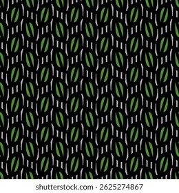 Geometric Leaves Seamless Pattern (Green, Black, Gray) - Repeating Vector Image; Easily Editable; Endless Design; Colorful lIlustration. Print for Gift Paper, Packaging, etc.