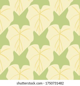 Geometric leaves seamless pattern on green background. Foliage wallpaper in flat style. Design for fabric, textile print, wrapping paper, cover. Botanical vector illustration.