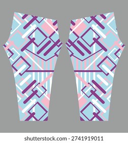 Geometric leggings design featuring overlapping squares, rectangles, and lines in purple, pink, white, and light blue on a gray background. A modern and vibrant activewear pattern ideal for textile printing and fashion design.