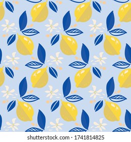 Geometric lemon pattern mediterranean modern summer citrus repeating design. Hand drawn bright textured citrus fruit pattern with leaf and bud on blue background. Classy simple summer backdrop.