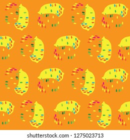Geometric Lemons-Fruit Delight seamless Repeat Pattern illustration in yellow orange Red blue and Green.Modern Pattern Background. Surface pattern Design, Perfect for Fabric, Scrapbook, wallpaper.