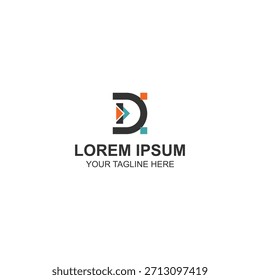 Geometric letter D logo with bold lines arrow shape and orange blue accents.