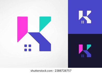 Logo de la letra geométrica K con símbolo de la casa en espacio negativo. Un logotipo sencillo, moderno y sofisticado que parece inteligente. El logotipo perfecto para empresas inmobiliarias, hipotecas, hoteles, construcciones