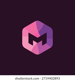 Diseño geométrico del logotipo de la letra M en tonos rosados y morados, ideal para la marca y la identidad
