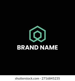 Letra geométrica A ou Q logotipo para tecnologia e marca de segurança cibernética, símbolo de hexágono linear verde menta minimalista