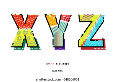 Geometric letters design.  Memphis style. Template for your design works. Vector illustration.