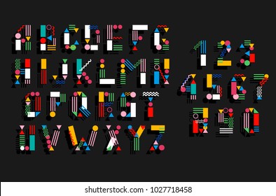 Geometric letters and digits. Trendy alphabet, trendy font. Vector block type.