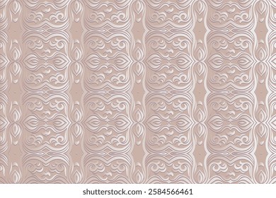 Geometric light background, tribal cover design, banner. Openwork 3D pattern, embossing, relief texture. Ethnic ornaments, arabesques, mandala of the East, Asia, India, Mexico, Aztec, Peru.