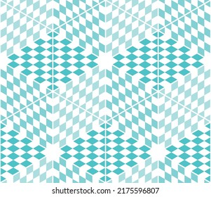 Geometric light blue and white repeating pattern with hexagon outlines filled with diamond shapes and forming 3d effect cubes. Vector illustration