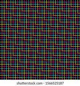 Geometric Light Lines, Checkered Multi-Colored Background. Bright Neon Square Cell Wallpaper. Seamless Colorful Vector Pattern.