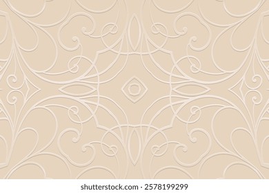 Geometric light satin background, tribal cover design, banner. Openwork decorative 3d pattern, embossing, vintage. Ethnic texture, ornaments, arabesques, mandala of the East, Asia, India, Mexico