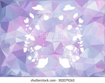 geometric lilac background with a wreath of flowers with white lettering a beautiful day