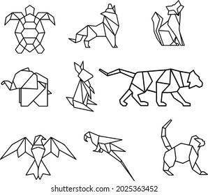 geometric line animals -turtle, wolf, fox, elephant, rabbit, tiger, eagle, parrot and monkey vector illustration icon set isolated on white background.