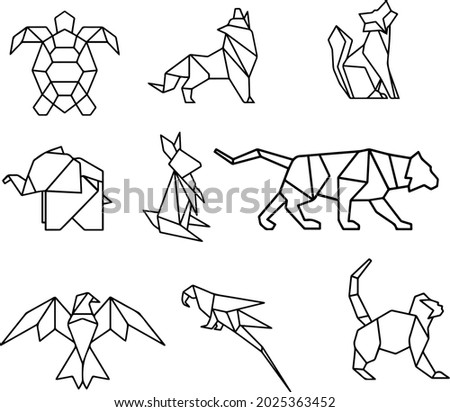 geometric line animals -turtle, wolf, fox, elephant, rabbit, tiger, eagle, parrot and monkey vector illustration icon set isolated on white background.