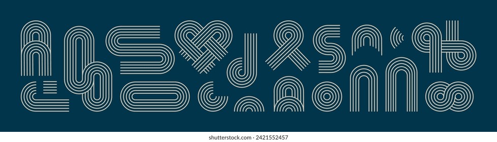 Geometric Line Arch Set, Vector Contemporary Rainbow Shape. Outline Balance Icon Isolated. Zen Arch in Rainbow, Round, Heart, Moon Silhouette. Modern Design Element for Abstract Poster, Logo and Print