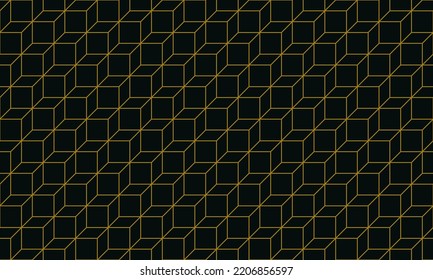 Geometric line art background. Simple artwork illustration of flat shapes, square segments, parallelograms, rhombuses, hexagons. Luxury premium seamless pattern backdrop, vector in black and gold.