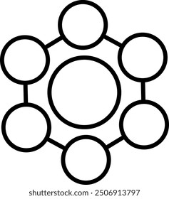 Línea geométrica de un círculo central rodeado por seis círculos interconectados, que representan átomos y moléculas en química.