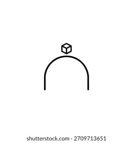 Arte de línea geométrica de un cubo perfectamente equilibrado en el pico de un arco curvo