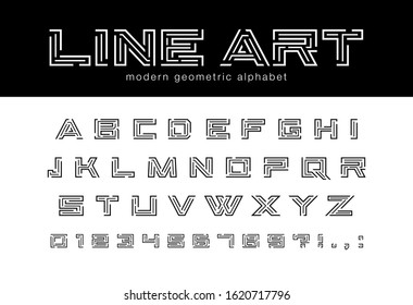 Geometric line art font. Technology, futuristic maze, digital tech abstract alphabet. Letters and numbers for network connect, construction, game logo design. Modern minimalistic vector typeface set