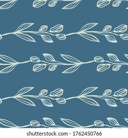 Geometric line art leaf seamless pattern on blue background. Hand drawn floral botanical wallpaper. Decorative backdrop for fabric design, textile print, wrapping. Vector illustration
