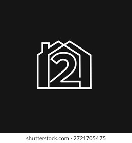 Logotipo geométrico que combina dos casas y el número dos, que representa bienes raíces, propiedades y servicios para el hogar con un diseño moderno y limpio.