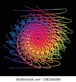 Geometric Line Art Picture lines tangled in bright rainbow colors Vector on a completely black background.