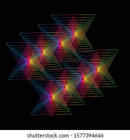 Geometric line art Rainbow triangles overlapping each other, creating a beautiful dimension. On a black background