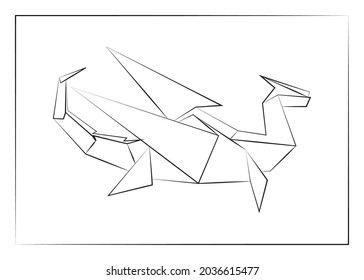 Geometric line, Black and white origami, dinosaur  animal. Vector