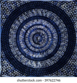 Geometric line circle blue and white on black background