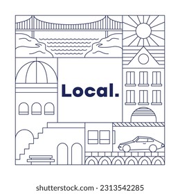 Geometric line city landscape. Simple urban town building recreation zone, minimal apparel cover design. Vector banner