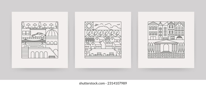 Geometric line city landscape. Simple geometry town pattern, urban buildings for poster cover apparel design. Vector set