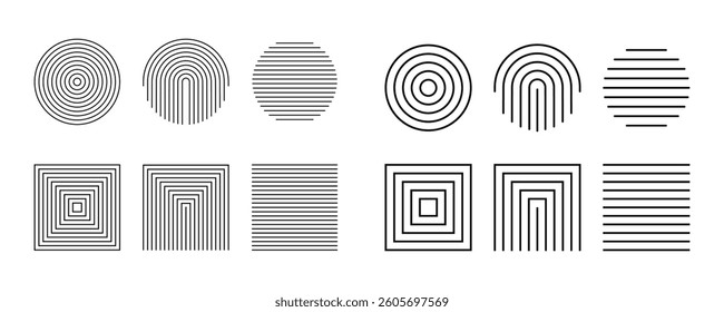 Geometric Line designs with circular and square motifs. Abstract Shapes Set – Contemporary mid-century vector design with boho aesthetic, Bauhaus, Memphis, Swiss style.