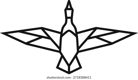 Dibujo de línea geométrica de una grúa de papel doblada con alas extendidas.