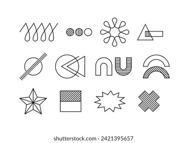 Geometric line elements set. Cross and magnet. UI and UX design. Minimalistic creativity and art. Graphic element for website. Outline flat vector collection isolated on white background