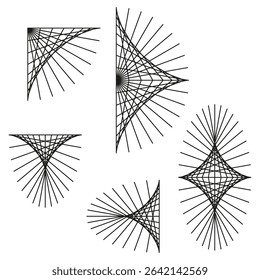 Geometric line elements. Thin radial pattern. Abstract spirograph forms. Vector drawing shapes.