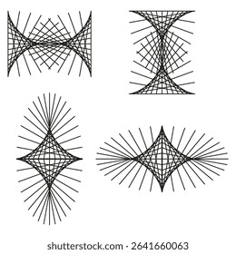 Geometric line figures. Abstract visual symbols. Complex black patterns. Vector contour elements.