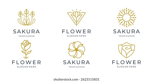 geometric line flower rose logos collection. inspiration floral line style concept.