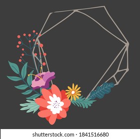 Geometric line frame, isolated blank banner with copy space. Decorative leaves and foliage roses and daisies flora and branches. Advertising or stories highlight, empty layout or template vector
