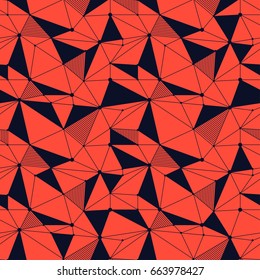 Geometric line hipster seamless pattern with triangle, dot. Reticulated abstract linear grid. Retro scrapbook paper. Vector illustration. Memphis shapes background. Abstract jumble graphic texture.