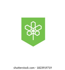 logo de línea geométrica de marihuana en un escudo. para productos de cáñamo