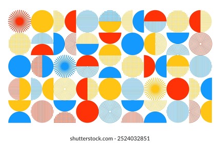 Geometric line pattern. Abstract graphic texture. Modern Zen figure. Circles composition. Simple round arcs. Gradient linear shapes. Rainbow Boho print. Bauhaus background. Vector simple garish design