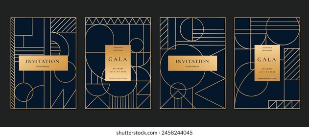 Geometric line pattern cover design vector. Set invitation card of abstract geometric line art design on dark blue background. Use for wedding invitation, cover, VIP card, print, gala, wallpaper.