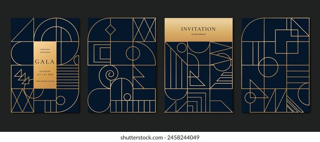 Vector de diseño de cubierta de patrón de línea geométrica. Establecer tarjeta de invitación de diseño de arte geométrico abstracto de la línea sobre fondo azul oscuro. Uso para invitación de boda, cubierta, tarjeta VIP, impresión, gala, Fondo de pantalla.