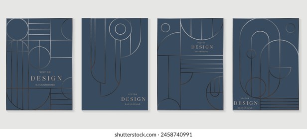 Geometric line pattern cover design vector. Set invitation card of abstract art deco design on blue background. Use for wedding invitation, cover, VIP card, print, gala, wallpaper.