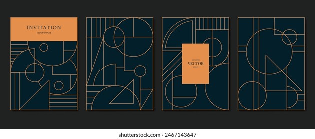 Geometric line pattern cover design vector. Set invitation card of abstract geometric line art design on dark blue background. Use for wedding invitation, cover, VIP card, print, gala, wallpaper.