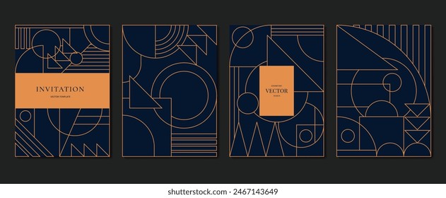 Geometric line pattern cover design vector. Set invitation card of abstract geometric line art design on dark blue background. Use for wedding invitation, cover, VIP card, print, gala, wallpaper.