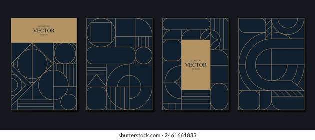 Geometric line pattern poster design vector. Set invitation card of abstract art decor design on dark blue background. Use for wedding invitation, cover, VIP card, print, gala, wallpaper.