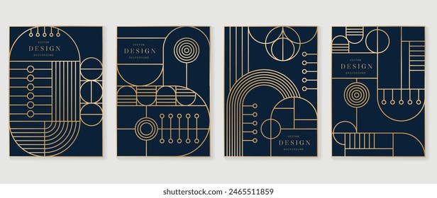 Geometric line pattern poster design vector. Set invitation card of abstract art decor design on dark blue background. Use for wedding invitation, cover, VIP card, print, gala, wallpaper.